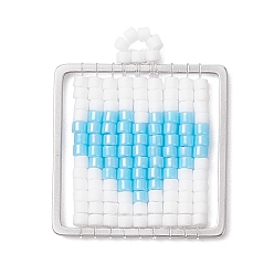 Небесно-голубой Квадратный стеклянный бисер ручной работы с подвесками в форме сердца, с 304 соединительным кольцом из нержавеющей стали, голубой, 24.5x20.5x1.5 мм, отверстие : 2 мм