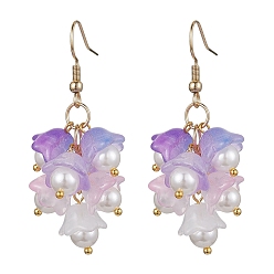 Violet Bleu Fleurs de verre Dangle Boucles d'oreilles, boucles d'oreilles en grappe de perles de coquillage avec épingles en acier inoxydable, bleu violet, 304mm