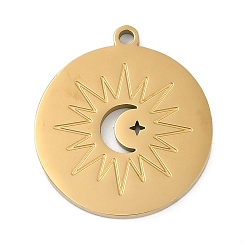 Настоящее золото 18K 304 подвески из нержавеющей стали, плоский круглый с солнечным шармом, ионное покрытие (ip), реальный 18 k позолоченный, 24.5x22x1.5 мм, отверстие : 1.6 мм