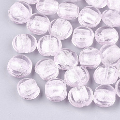 Pink Handmade Silver Foil Lampwork Glass Beads, Flat Round, Pink, 12~13.5x11.5~13.5x7.5~8.5mm, Hole: 1~2mm