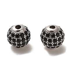 Noir Plaqué rhodium 925 perles en argent sterling micro pavées de zircones cubiques, ronde, Platine plaqué, noir, 6x5.5mm, Trou: 1.4mm