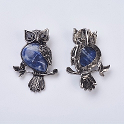 Sodalite Gemstone Pendant, with Alloy Findings, and Rhinestone, Owl, 50x35x7.5~9mm, Hole: 5x8mm