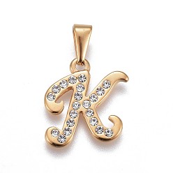 Letter K 304 Stainless Steel Pendants, with Rhinestone, Letter, Letter.K, 19.5x18x2mm, Hole: 3~3.5x7.5~8mm