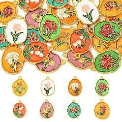 Couleur Mélangete 24 pcs 8 styles pendentifs en émail en alliage, ovale avec breloques fleurs, or, couleur mixte, 21~23x15~16x2~3mm, Trou: 1.4~1.6mm, 3 pcs / style