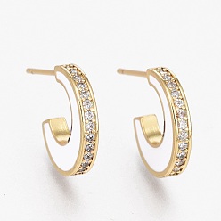 Белый Серьги-кольца из латуни с прозрачным кубическим цирконием и прозрачным паве, с эмалью и ушными орехами, долговечный, луна, реальный 18 k позолоченный, белые, 14x12x2.5 мм, штифты : 1 мм