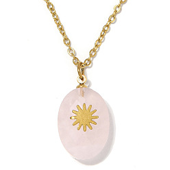 Rose Quartz Natural Rose Quartz Faceted Oval Pendant 304 Stainless Steel Cable Chain Necklaces for Women, Golden, 15.75 inch(40cm)