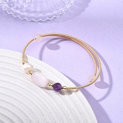 Pink Круглые и овальные браслеты из натуральных бусин кунцита, аметиста, розового кварца, культивированного пресноводного жемчуга и немагнитного синтетического гематита., браслеты с крутящим моментом для женщин, с медной французской проволокой, розовые, внутренний диаметр: 2.17 дюйм (5.5 см)