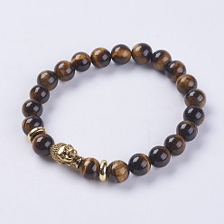 Тигровый глаз Естественно тигровый глаз бисер браслеты растянуть, Сплав с поиска, голова Будды, 2-1/8 дюйм (55 мм)