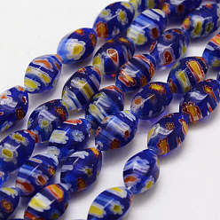 Mittelblau Handgemachte Millefiori-Glasperlen Stränge, facettiert, Reis, mittelblau, 12x7 mm, Bohrung: 1 mm, ca. 33 Stk. / Strang, 15.5 Zoll