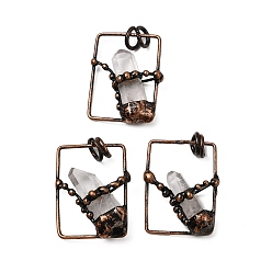 Хрусталь Подвески из натуральных кристаллов кварца, подвески-прямоугольники из латуни с камнями из горного хрусталя, без кадмия и без свинца, Красная медь, 35.5x27x10 мм, отверстие : 6 мм