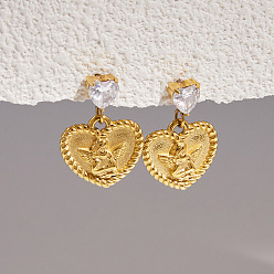Golden 304 Stainless Steel Pave Clear Cubic Zirconia Stud Dangle Earrings, Heart with Angel, Golden, 24.4mm