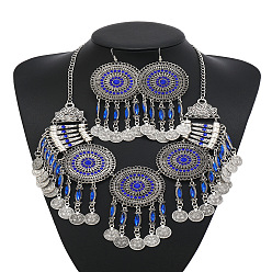 Капри Синий Комплекты из плоских круглых подвесок из сплава со стразами и серег-подвесок для женщин, античное серебро, Капри синий, 530 мм