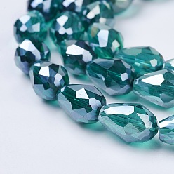 Cyan Electroplate Glass Beads Strands, AB Color Plated, Faceted Teardrop, Cyan, 15x10mm, Hole: 1mm, 50pcs/strand, 27.1 inch