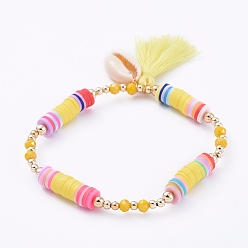 Yellow Stretch Charm Bracelets, with Polymer Clay Heishi Beads, Cotton Thread Tassels, Cowrie Shell Beads, Faceted Glass Beads and Brass Beads, Yellow, 2-3/8 inch(6cm)