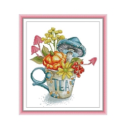 Mixed Color Teacup with Flower Pattern DIY Cross Stitch Beginner Kits, Stamped Cross Stitch Kit, Including 11CT Printed Cotton Fabric, Embroidery Thread & Needles, Instructions, Mixed Color, Fabric: 455x405x1mm