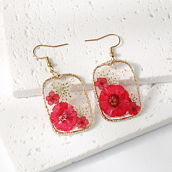 Темно-Красный Прямоугольные серьги-подвески из смолы и сушеных цветов, золотые, темно-красный, 33x24 мм