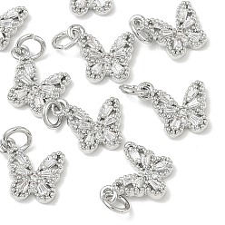 Clear SHEGRACE Brass Pave Clear Cubic Zirconia Pendants, Butterfly Charms, Cadmium Free & Nickel Free & Lead Free, Long-Lasting Plated, Platinum, Clear, 11x11.5x3mm, Hole: 3mm