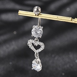 Сердце Сплав кристалл горный хрусталь подвеска изогнутая штанга живот кольца, с 304 штифтов из нержавеющей стали, платины и нержавеющая сталь цвет, сердце, 43.5 мм, штифты : 1.6 мм