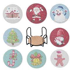 Colorful DIY Christmas Theme Diamond Painting Coaster Kits, Including Acrylic Cup Mat, Cork Mat, Iron Coaster Stand, Resin Rhinestones, Pen, Tray Plate and Glue Clay, Colorful, 100mm, 8pcs/set