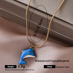 Dolphin Vintage 304 Stainless Steel Deep Sky Blue Enamel Pendant Round Snake Chain Necklaces for Women, Golden, Dolphin, 15.75 inch(40cm)