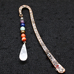 Quartz Crystal Natural Quartz Crystal Teardrop Pendant Bookmark, with 7 Natural Gemstone Round Beads, Feather Shape Antique Bronze Plated Alloy Bookmark, 200x123mm