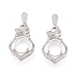 Платина 925 подвески из стерлингового серебра с микропаве из кубических цирконий в форме кабошонов, каплевидный с овальным подносом, платина, лоток : 10.5x7.5 мм, 26.5x16x7.5 мм, отверстие : 5.5x2 мм