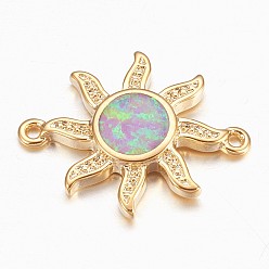 Розовый Соединители звеньев синтетического опала, с латунной фурнитурой , солнце, золотые, туманная роза, 18x13x2 мм, отверстие : 1 мм