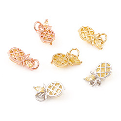 Mixed Color Brass Micro Pave Cubic Zirconia Charms, with Jump Ring, Pineapple, Yellow, Mixed Color, 10.5x6x3.5mm, Jump Ring: 4x0.6mm, Hole: 2.5mm