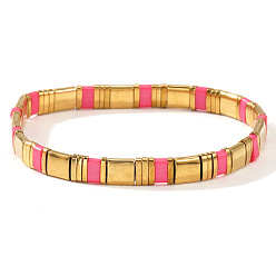 Ярко-Розовый Стеклянные бусины эластичные браслеты для женщин, прямоугольные, ярко-розовый, 6.30 дюйм (16 см) ~ 6.50 дюйм (16.5 см)