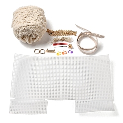 Antik weiß DIY Strick Häkeltaschen Kit, inklusive Garn, Mesh-Plastikfolien, Taschengriffe, Beutelgurtketten, Stricknadeln, Gewinde, Druckknopf, Bekleidungsetiketten, d klingeln, Stichmarkierungen, für DIY Craft Umhängetaschen Zubehör, antik weiß, 150x130 mm