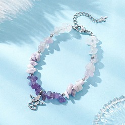 Angel & Fairy Браслет из натуральных смешанных драгоценных камней с бусинами, 304 Браслет с подвесками из нержавеющей стали для женщин, ангел и фея, 7-1/8 дюйм (18 см)