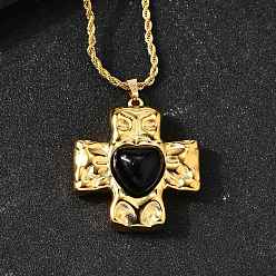 Черный Крест с сердцем 304 подвеска из нержавеющей стали с кубическим цирконием, реальный 18 k позолоченный, чёрные, 20.04 дюйм (50.9 см)