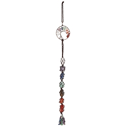 Colorful Natural Mixed Gemstone Pendant, with Red Copper Alloy Findings, Flat Round & Nuggets, 460mm