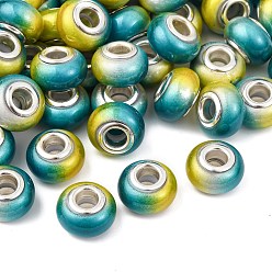 чирок Двухцветные непрозрачные европейские бусины-рондель из смолы, с двойных ядер серебрянного цвета, бусины с большим отверстием, зелено-синие, 14x8.5 мм, отверстие : 5 мм