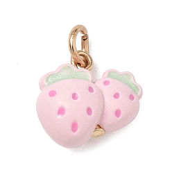 Pink Aleación con colgantes de esmalte, encantos de fresa, dorado, rosa, 15x16x9 mm, agujero: 4 mm