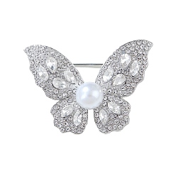 Платина Сплава брошь, с горный хрусталь и жемчуг имитация, бабочка, платина, 30x40 мм