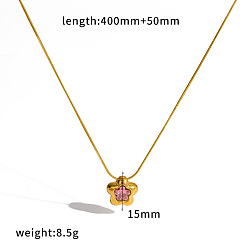 Pink 304 Stainless Steel Pave Cubic Zirconia Pendant Necklaces, Flower, Real 18K Gold Plated, Pink, 15.75 inch(40cm)