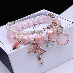 Pink 2шт. 2 стили эластичные браслеты из пластика и стеклянных бусин, браслеты с подвесками из сплава эмали для женщин, дельфин, золотые, розовые, розовые, внутренний диаметр: 2-3/8 дюйм (6 см)
