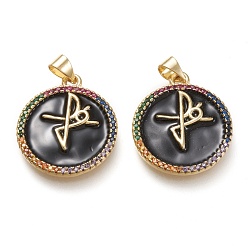 Черный Латунные микро проложить кубического циркония подвески, с эмалью, реальный 18 k позолоченный, плоский круглый с крестом веры, чёрные, 23x20x2 мм, отверстие : 3x5.5 мм