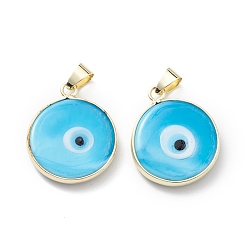 Темно-Голубой Ручной зла подвески бусины глаз, с реечным покрытием латунной фурнитурой цвета светлого золота, долговечный, без свинца и без кадмия, плоско-круглые, глубокое синее небо, 24~25.5x20.5~21x4~4.5 мм, отверстие : 6x4~4.5 мм
