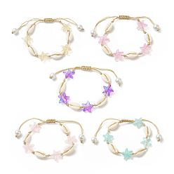 (52) Непрозрачная лаванда Женский браслет из плетеных бусин из натуральной раковины каури и стеклянной морской звезды, разноцветные, внутренний диаметр: 1-5/8~3 дюйм (4.2~7.7 см)