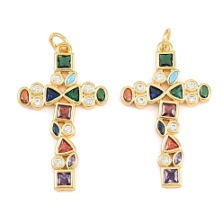 Plaqué 18K Or Véritable Pendentifs en laiton de Pâques sertis de micro-pavés de zirconiums cubiques colorés, breloques croix multicolores, réel 18 k plaqué or, 32.5x19x2mm, Trou: 3mm