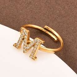 Letter M 304 Открытые кольца-манжеты из нержавеющей стали с микропаве из кубического циркония, буквы, ионное покрытие (ip), реальный 18 k позолоченный, Буква М, 1.5 мм, внутренний диаметр: 15.6 мм