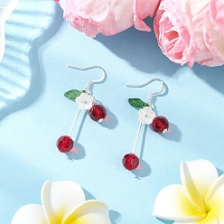 Красный Серьги-подвески из стеклянных бусин с вишнями, с подвесками в виде акриловых листьев, серебряные, красные, 47.5 мм