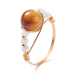 Tiger Eye Natural Tiger Eye Wire Wrapped Finger Ring, Shell Pearl Braided Bead Ring for Girl Women, US Size 10 1/4(19.9mm)