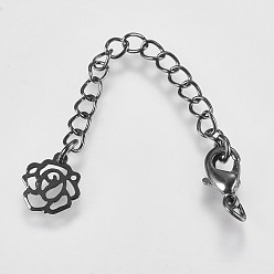 Черный Цвет Металла Удлиненный латунный удлинитель цепи, с застежками из лобстера и кончиками цветов, металлический черный , 73x3 мм, отверстие : 2.5 мм