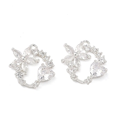 Посеребрённый Латунные микропаве прозрачные подвески с фианитом, цветок с подвесками в виде сердечек, 925 серебро покрытием, 18x17x4 мм, отверстие : 1.4 мм