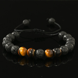 Смешанные камни Плетеные браслеты из круглых бусин из натурального лавового камня и тигрового глаза, плетеные браслеты из вощеного шнура для мужчин