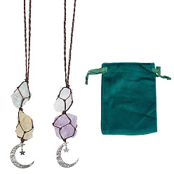 Смешанные камни 2шт 2 стиль хлопковые плетеные подвесные украшения, с бусинами из драгоценных камней и подвеской в виде луны из сплава, с бархатными мешочками для украшений, 380 мм, 1 шт / стиль