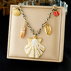 Shell Shape Морская тематика 304 Колье из нержавеющей стали с эмалью и натуральными ракушками, состоящее из нескольких подвесок, для женщин, золотые, красные, формы раковины, 16.54 дюйм (42 см)